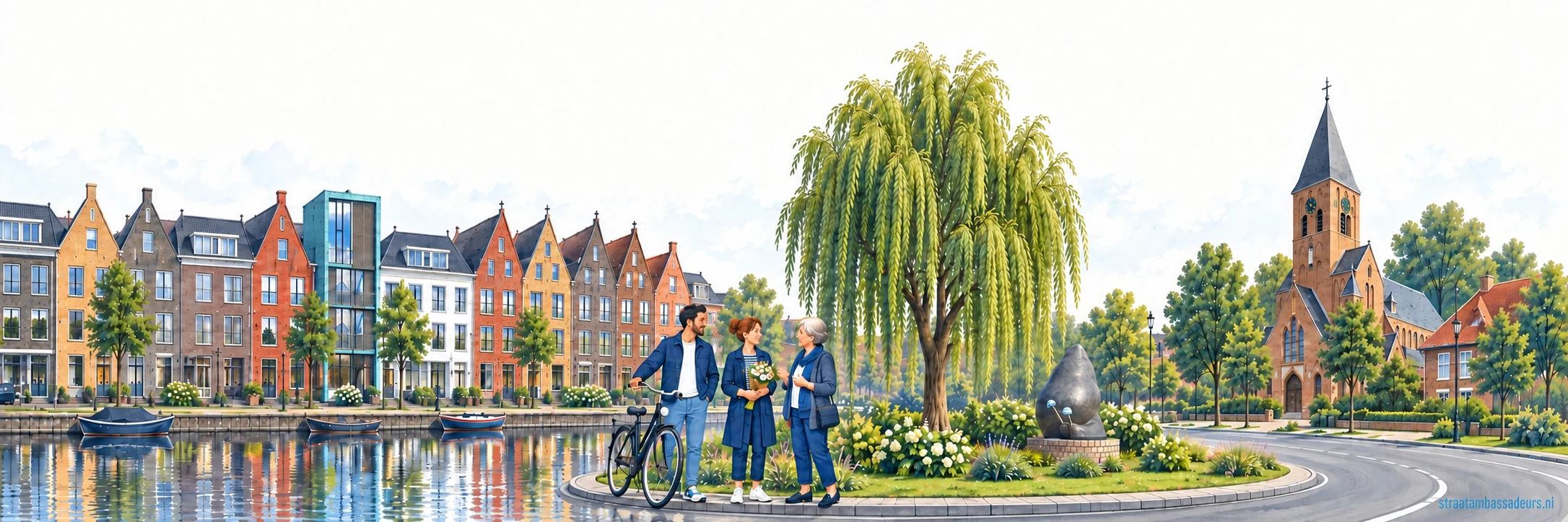 Buurtillustratie van Vathorst en Hooglanderveen, met gevels aan het water, de kerk en buren in gesprek